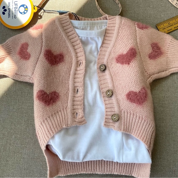 Pet Sweater Pink Cardigan with Fuzzy Hearts Medium - Picture 3 of 8